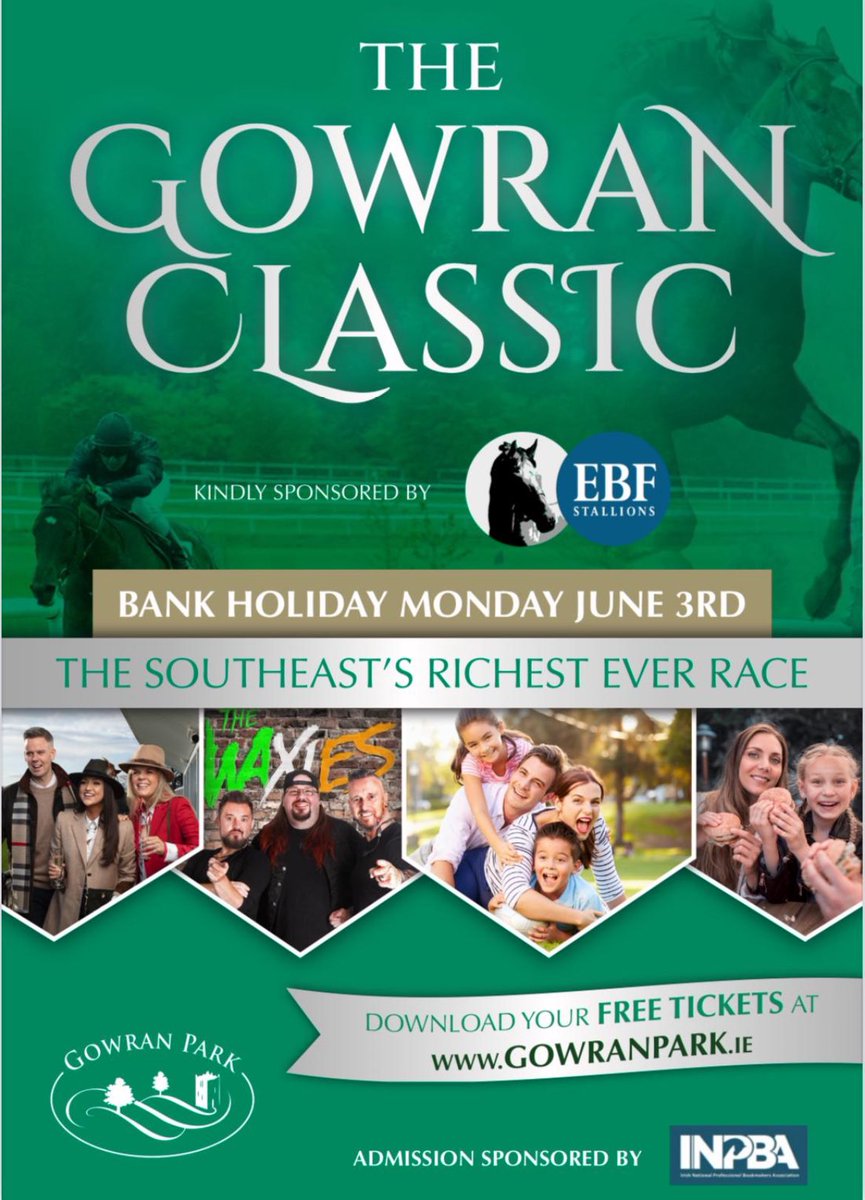 🚨 🚨🚨 10am this Friday morning April 26th our FREE IRISH EBF GOWRAN CLASSIC tickets go live (4 per person), huge day for this region with loads of Free Family Fun Activites and a full concert after racing 🚨🚨🚨 don’t miss out - 10am Friday gowranpark.ie