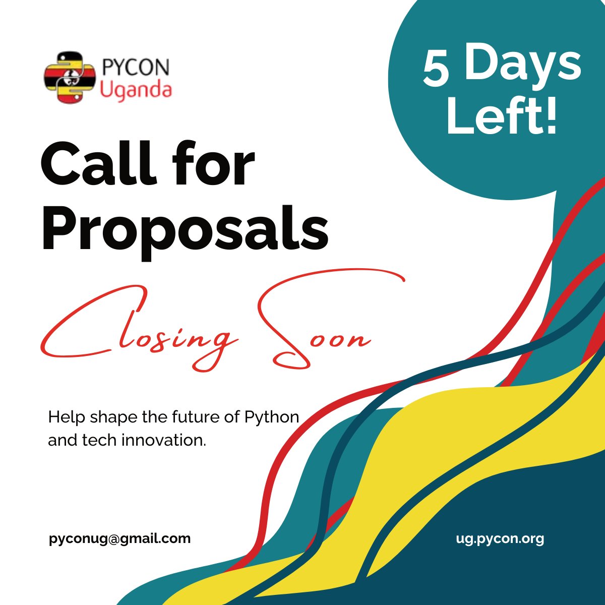 A chance for you🫵 to share those big tech ideas with the right audience, potential contributors at PyConUganda stages, Bring those ideas to life, hurry proposals close in just 5days
#PyCon
#PyConUganda
#PyConUganda2024 
Submit your proposal here: papercall.io/pyconug