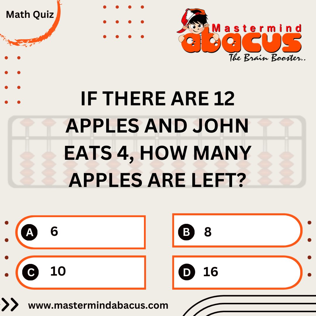 Let's crunch some numbers! If there were 12 apples and John took a bite out of 4, how many are left? Test your math skills with our daily quiz! 𝐁𝐨𝐨𝐤 𝐀 𝐅𝐫𝐞𝐞 𝐃𝐞𝐦𝐨 𝐂𝐨𝐧𝐭𝐚𝐜𝐭: 6264630850 𝐕𝐢𝐬𝐢𝐭 : mastermindabacus.com #boostmathskills #mastermindmathquiz