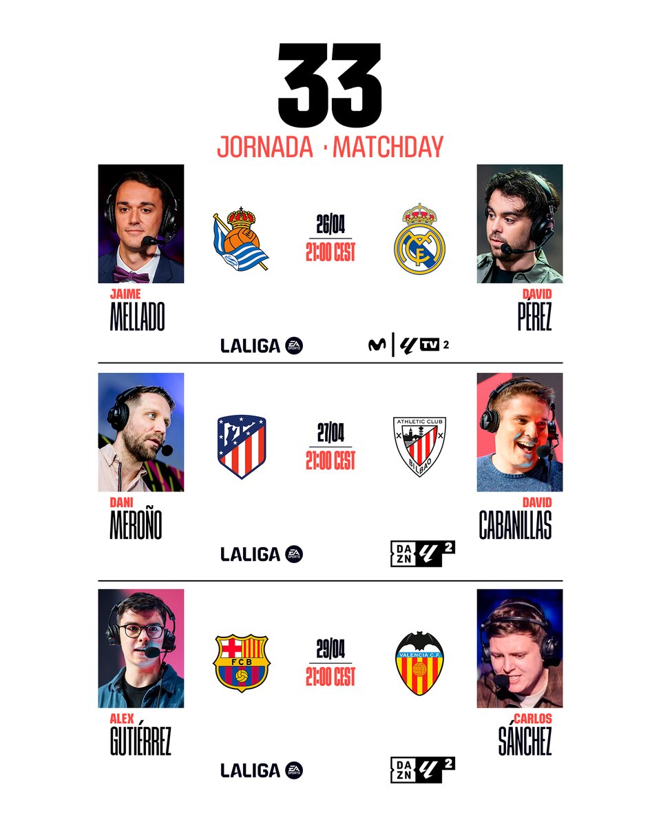 📺 ¡Vive la experiencia multicámara en 
@MovistarPlus y @DAZN_es con la jornada 33 de #LALIGAEASPORTS!

#LALIGABroadcasters