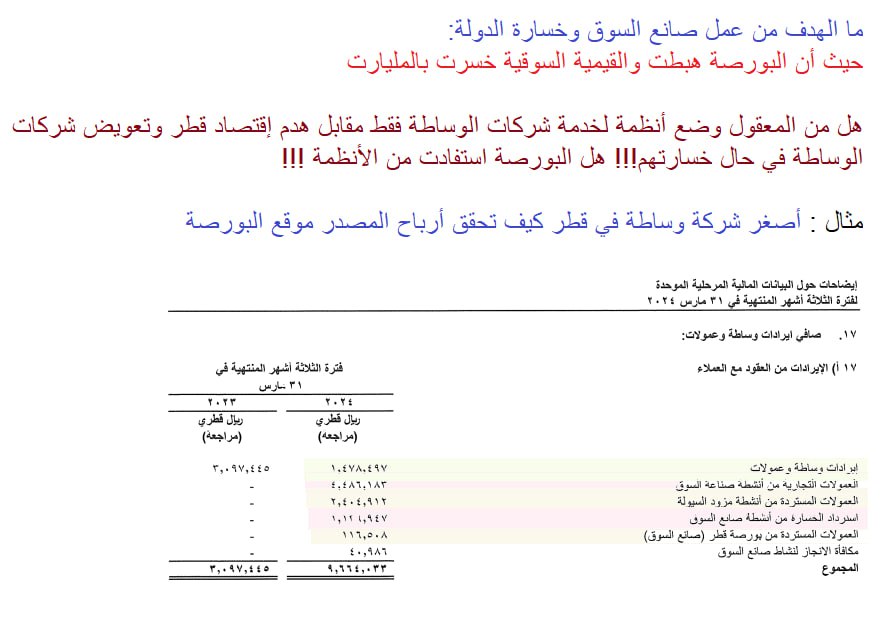 ما الهدف من صانع السوق في بورصة قطر مقابل خسارة المتداولين وخسارة الدولة وهدم واجهة إقتصاد دولة قطر