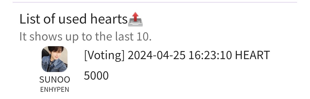 5K💜 casted for #SUNOO. Thanks for participating 🥰. #enshprince_ga_proofs wts sale sell: ▪️ 10M💜 Heart Kdol ▪️200K💜 Heartbeat Mubeat ▪️20K💎 superstar x inkigayo ▪️200K SST Starplay ▪️500K💙 jams Upick 🏧Wise/PayPal/Gcash/Dana/Ovo/Gopay & 🇮🇩🇲🇾 bank 📩 DM to buy/reserve!