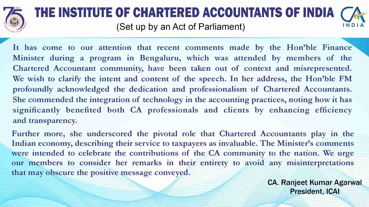 Excellent Speech made by Ms. Nirmala Sitharaman, Hon'ble Union Minister of Finance and Corporate Affairs - GoI during an ICAI event in Bengaluru. Please go through the full speech- youtube.com/watch?v=6Q5ak9…