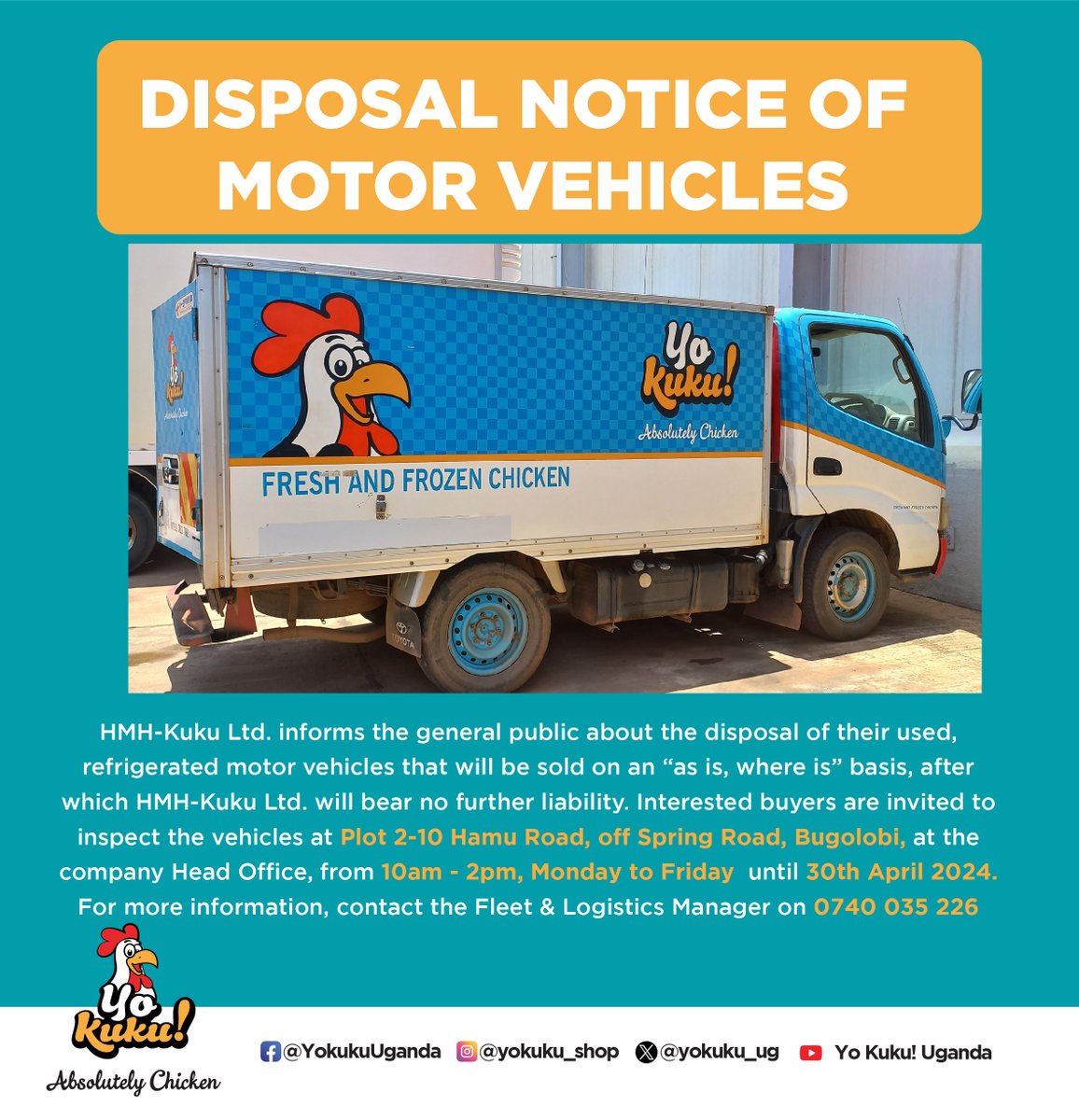 IMPORTANT NOTICE We're running a refrigerated motor vehicle trucks disposal exercise at our office in Bugolobi. Interested buyers can inspect the trucks starting today till 30th/4/2024 from 10am-2pm. For more information, contact our fleet manager on 0740 035 226