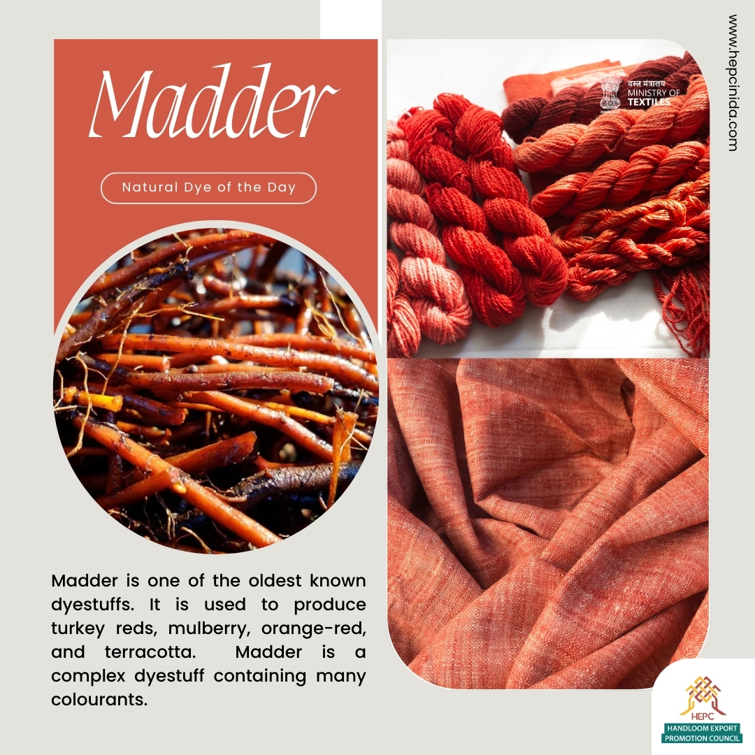 Madder, natural dye of the day by HEPC.  

Credit: shepherdtextiles.com, wearekal.com & naturaldyehouse.com

#Indian #handloom #sustainable #natural #dye #Madder #Fabric