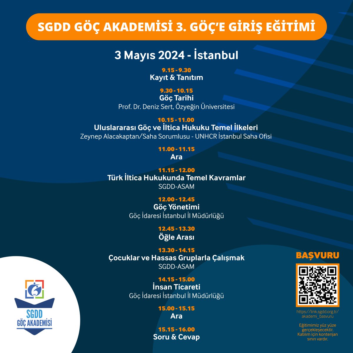 SgddAkademi's tweet photo. 🔊  SGDD Göç Akademisi 3. Göç'e Giriş Eğitimi 3 Mayıs’ta
 
 📍Eğitim yüz yüze İstanbul’da gerçekleştirilecektir. Katılım için kontenjan sınırı
vardır.
 
 📍 Şehir dışından katılımcılar için yol ve konaklama desteği sağlanamamaktadır.

📍Eğitim Türkçe olarak gerçekleştirilecektir. https://t.co/FMKoYggE0X