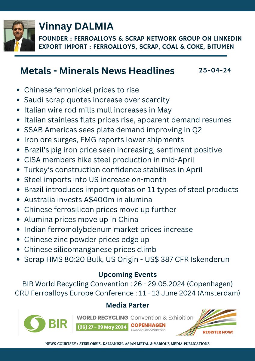 Metals - Minerals News Headlines

#metal #mineral #iron #steel #scrap #copper #ferrous #ores #zinc #worldsteel

@SteelMinIndia @sajjanjindal @BIRworld @mrai_india @Kallanish @MetalExpert @EY_MiningMetals @ArgusMedia @JM_Scindia @SanmargHindi @Neha_1007 @Manisha3005 @worldsteel