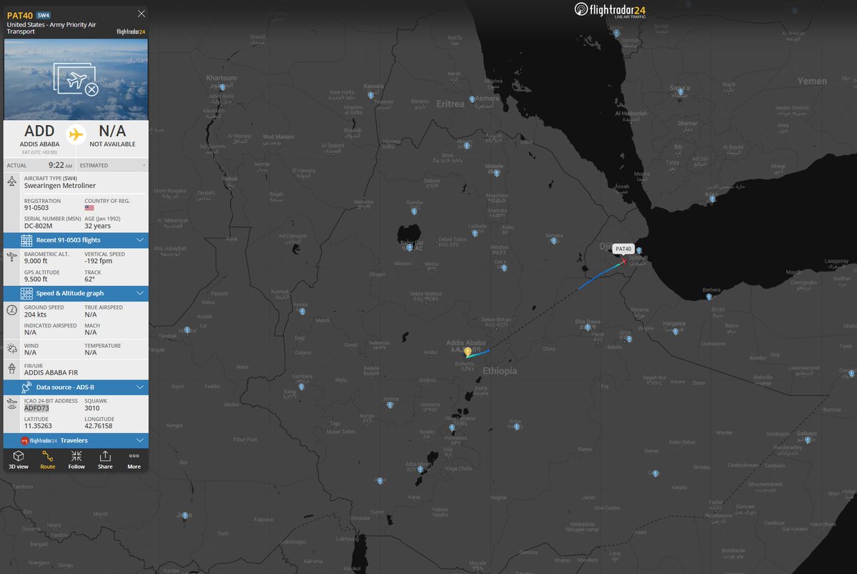 Dinlas3's tweet photo. 🇺🇸US Army Priority Air Transport (PAT) Fairchild Metro C-26B w/ reg. 91-0503 as #PAT40 from Camp Lemonnier, 🇩🇯Djibouti to 🇪🇹Addis Ababa, Ethiopia today, and is now heading back. #ADFD73 @Borrowed7Time https://t.co/e8X1YxClf8