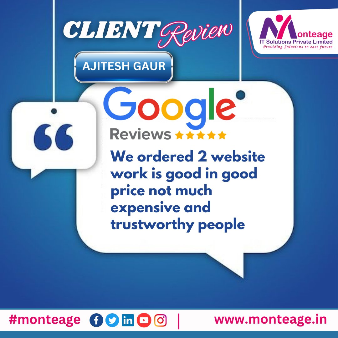 !!! 𝑪𝒍𝒊𝒆𝒏𝒕 𝒇𝒆𝒆𝒅𝒃𝒂𝒄𝒌 !!! 

Thank you! Ajitesh Gaur for the wonderful Google review! 
.
.
.
#Monteage #grateful #customerappreciation #positivevibes #thankful #fivestars #FeedbackFriday #ITSolutions #websites #DigitalMarketing #seo #socialmedia #PPC #schoolsoftware