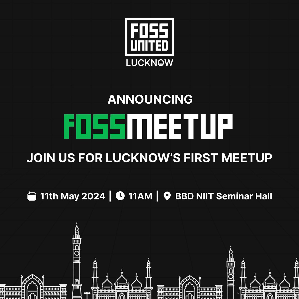 Join us on the 11th of May for our First Lucknow meet-up and share your ideas with vibrant people around at BBD NIIT Seminar hall or RSVP now to secure your spot and expand your views!

#fossmeetup #fossunited #freeandopensourcesoftware #lucknow #lucknowmeetup #niitlucknow #foss