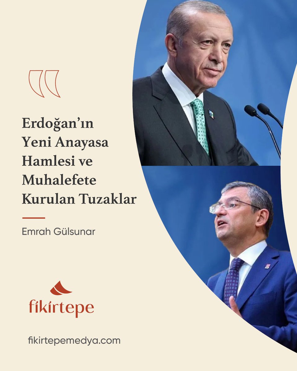 ✍️Emrah Gülsunar (@emrahgulsunar) Erdoğan'ın yeni anayasa hamlesinin ardındaki niyetini, muhalefeti yeniden dizayn etme çabasını ve muhalefetin mutlaka düşmemesi gereken Erdoğan tuzaklarını yazdı: 🔗fikirtepemedya.com/siyaset/erdoga…