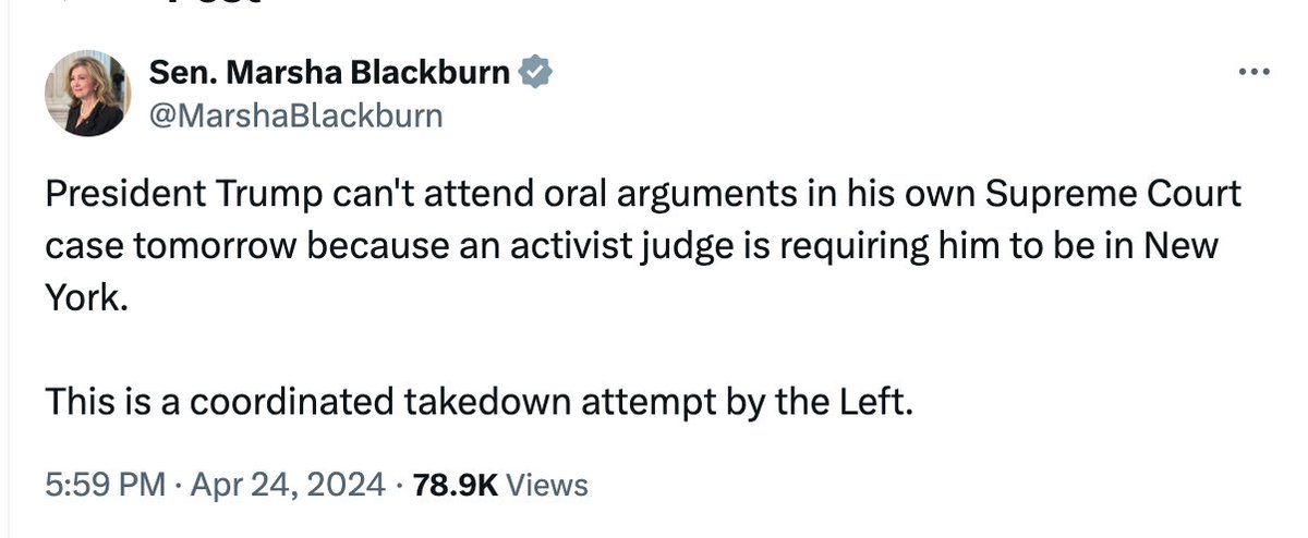 The reason the defendant cannot attend the SCOTUS hearing on whether he should be prosecuted for his crimes during his tenure as president is because he is mandated to be in court during his trial for the crimes committed while he was campaigning for president.