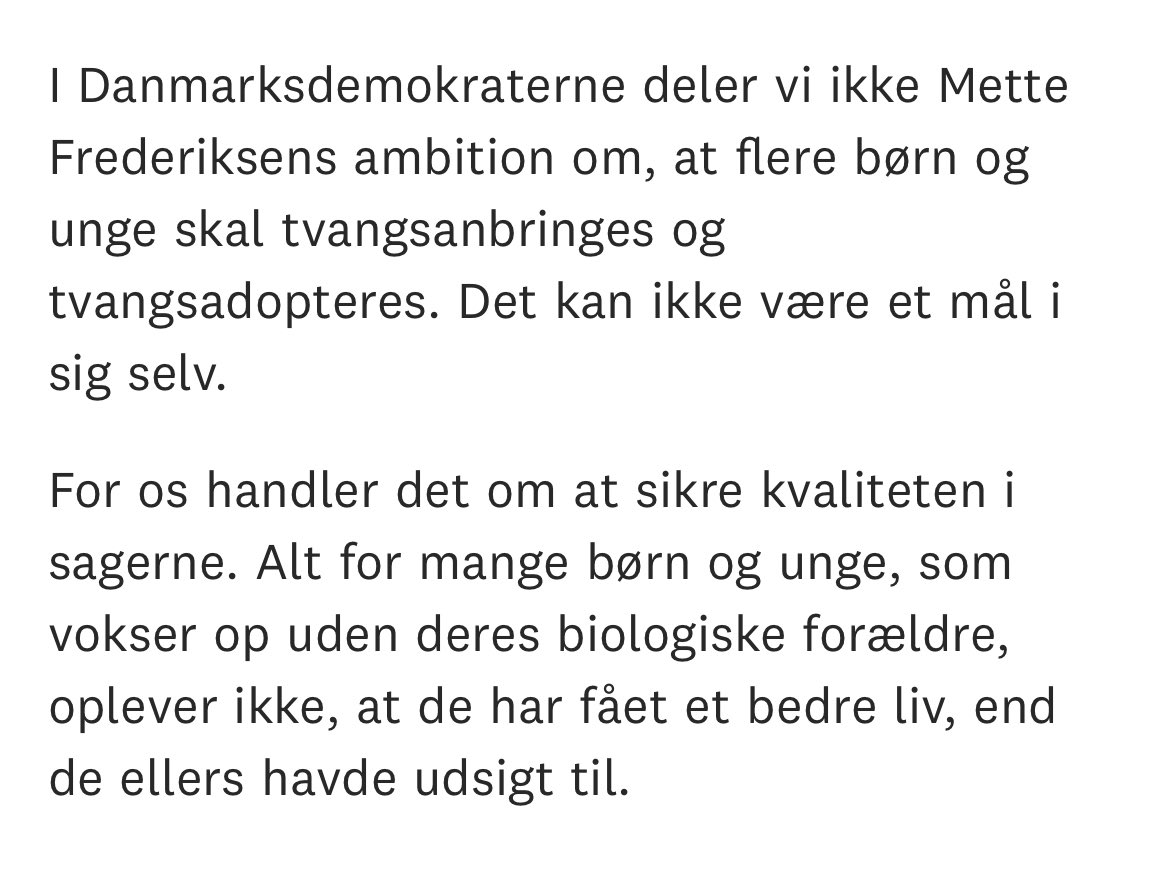 @bentesorgenfrey @kbhprof @politiken Og det her er Danmarksdemokraternes holdning til samme emne. Fortæl mig, Bente, hvorfor du vil isolere den holdning til at handle om minoriteter?

altinget.dk/boern/artikel/…