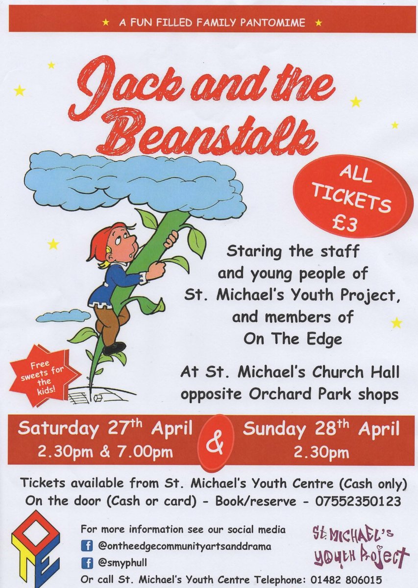 This weekend - a springtime panto comes to Orchard Park (oh yes it is)! Jack and the Beanstalk, presented by On The Edge Community Arts and the staff and young people of St Michael's Youth Project. Get your tickets and enjoy a family friendly performance! facebook.com/ontheedgecommu…