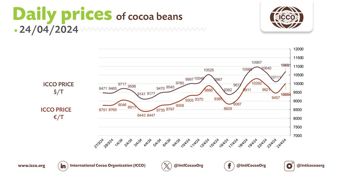 🔴 24/04/2024 #Cocoa Daily Prices - Prix du jour - Precios diarios - Ежедневные цены 💵 ICCO daily price - 10690.70 $/T 💶 ICCO daily price - 10004.36 €/T More #cocoa statistical info in our webpage🔗bit.ly/36Ad74r #ICCOCocoaHub #ICCOCocoaData #ICCOCocoaKnowledge