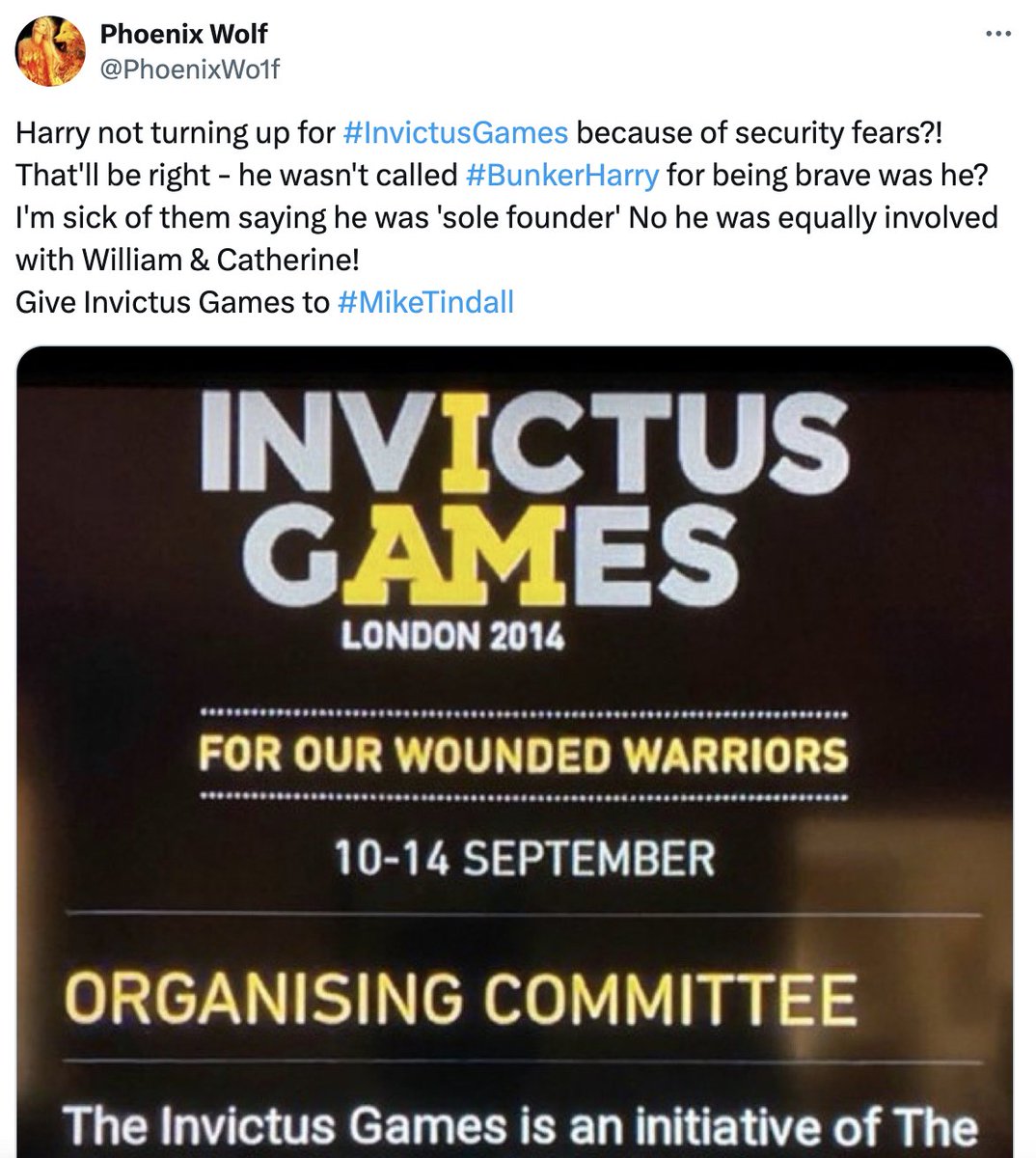 Is this individual ok at all?

Instead of coveting Harry's hard work, why don't you and your Mike Tindall build something or even revitalise CG...then you can have something to be truly proud of.

There are 500 dying charities other royals could work with, why focus on Invictus?
