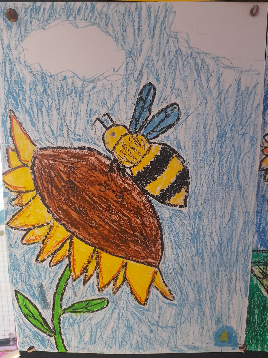 Spring has sprung is the theme of Ms.Wade's 5th @TogherGirls artwork. It will not be long before we will see bees gathering nectar from the flowers in our school garden. @GardenTogher @PDSTSciences @CrawfordArtGall #nature #bees #sunflowers #garden