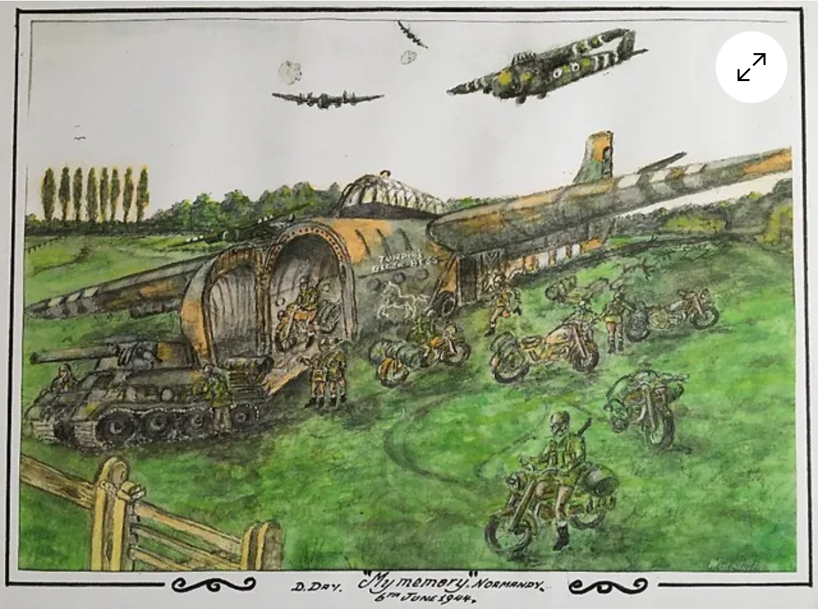 Below a watercolour “My memory Normandy 6th June 1944” by WW2 veteran hero Bill Gladden, who died yesterday aged 100. One of the last, but never forgotten, of the Greatest Generation. Image @TaxiCharity