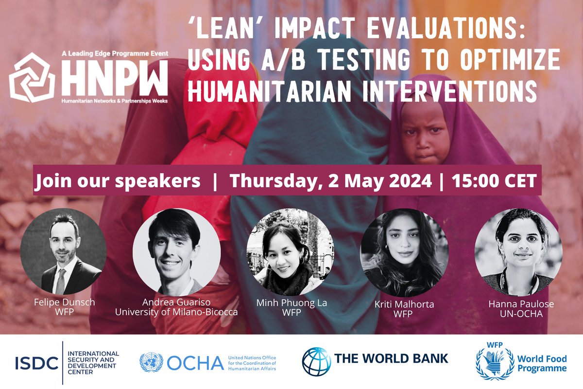 WFP Evaluation (@wfp_evaluation) on Twitter photo 📣 Join the <a href="/WFP/">World Food Programme</a> Impact Evaluation team with partners at the <a href="/LEP_HNPW/">Humanitarian Networks and Partnerships Weeks</a> for a session on:
"Lean Impact Evaluations: Using A/B testing to optimize humanitarian interventions"
🗓️ Thursday, 2 May
⏲️ 15:00 Rome time
➡️ Register: bit.ly/HNPW-WFP-impac…
<a href="/IntDev_Impact/">Jonas Heirman, DPhil</a> <a href="/FelipeADunsch/">Felipe Alexander Dunsch</a> 📣 Join the <a href="/WFP/">World Food Programme</a> Impact Evaluation team with partners at the <a href="/LEP_HNPW/">Humanitarian Networks and Partnerships Weeks</a> for a session on:
"Lean Impact Evaluations: Using A/B testing to optimize humanitarian interventions"
🗓️ Thursday, 2 May
⏲️ 15:00 Rome time
➡️ Register: bit.ly/HNPW-WFP-impac…
<a href="/IntDev_Impact/">Jonas Heirman, DPhil</a> <a href="/FelipeADunsch/">Felipe Alexander Dunsch</a>