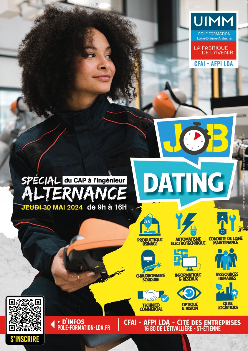 𝑱𝑶𝑩 𝑫𝑨𝑻𝑰𝑵𝑮 Spécial Alternance | C'est dans un mois !

📅 Le Jeudi 30 mai 2024
📌 à la Cité des Entreprises, 16 Bd de l'Etivallière, à Saint-Étienne

👉 Pour plus d’informations, c’est par ici : pole-formation-lda.fr/job-dating-spe…

#jobdating #alternance #apprentissage  #étudiant