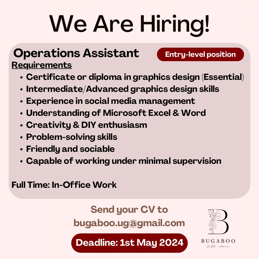 JOB OPPORTUNITY 📢 @bugaboo_ug is hiring an operations assistant to join the team. Kindly apply or reshare with others. #jobclinicug #jobsinuganda #ApplyNow #jobs #HappeningNow