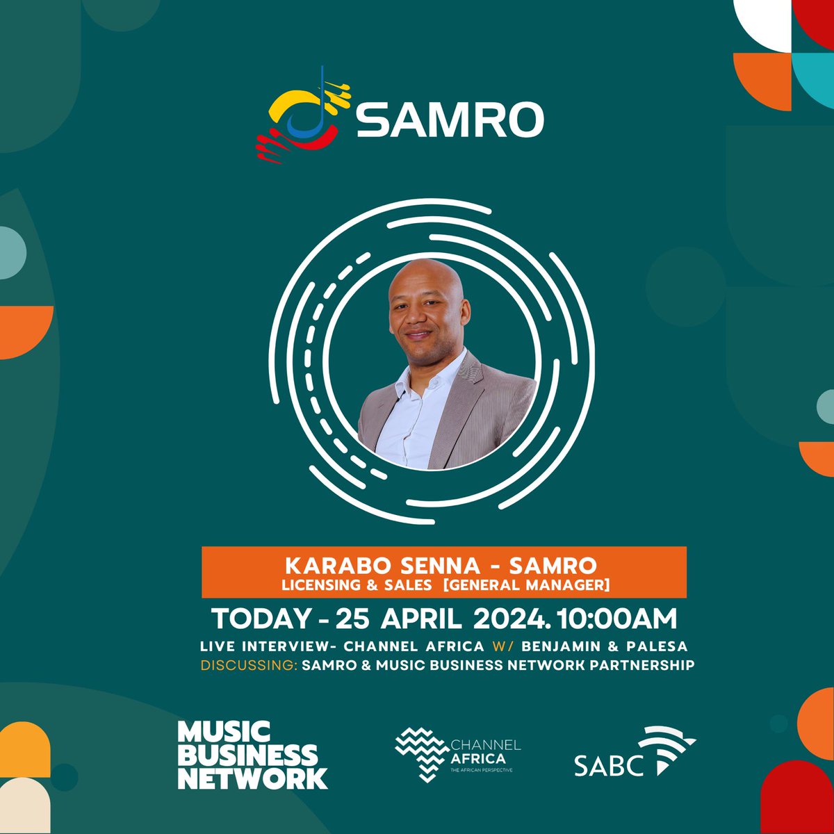 Catch SAMRO's GM of Sales and Licensing, Karabo Senna this morning at 10h00 on Channel Africa discussing the partnership between SAMRO and the Music Business Academy. #SAMRO #MusicBusinessAcademy #MusicBusiness