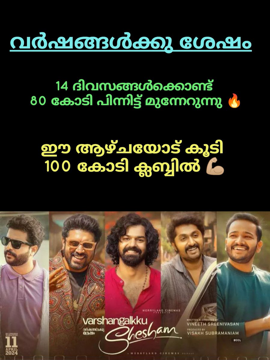 #VarshangalkkuShesham crossed 80cr world widely on its 14th day 🔥

Will cross 100Cr by this weekend 💪🏼

#Mohanlal #PrithvirajSukumaran  #FahadhFaasil #NivinPauly #TovinoThomas #AsifAli #Mammootty #PranavMohanlal #Jayaram #Aavesham #TheGoatLife