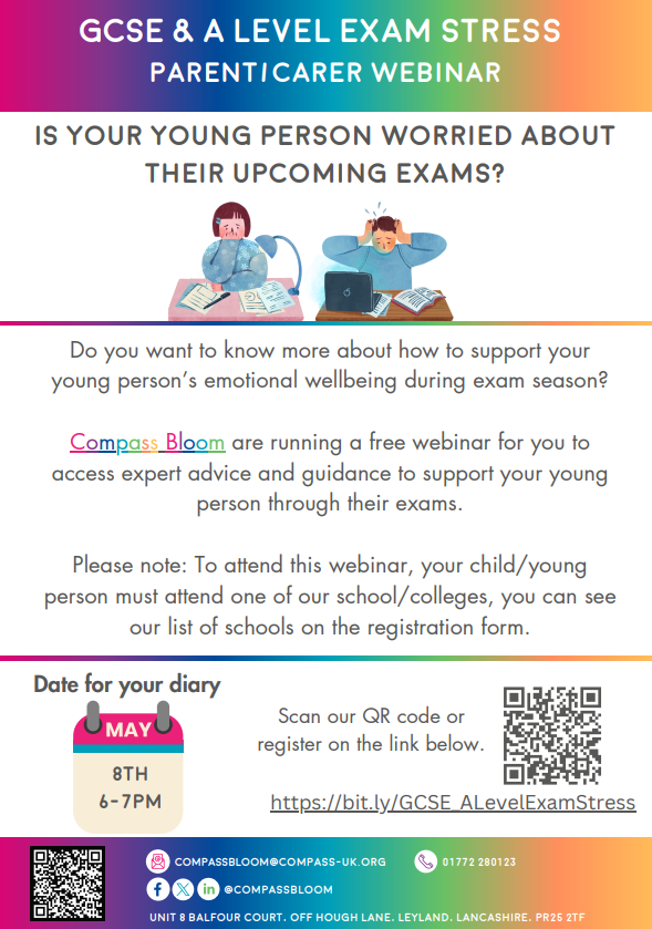 Please find attached a link for a webinar on supporting your child through the stresses of exams, This webinar will be delivered by Compass Bloom. ⭐️
#WeAreFulwood #WeCare #ExamStress #ManagingStress
