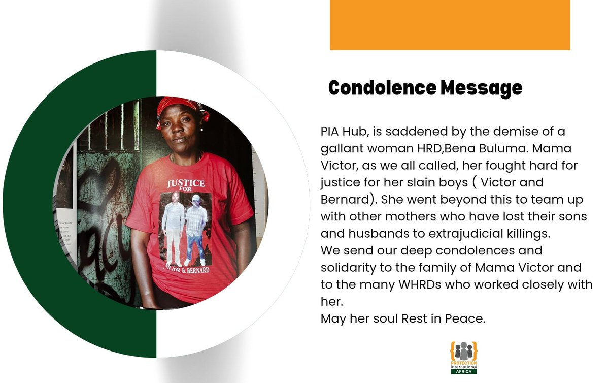 Condolence Message We are saddened by the demise of a gallant woman #HRD Mama Victor. We send our deep condolences and solidarity to her family and to the many WHRDs who worked closely with her. May her soul rest in peace. #HumanRights