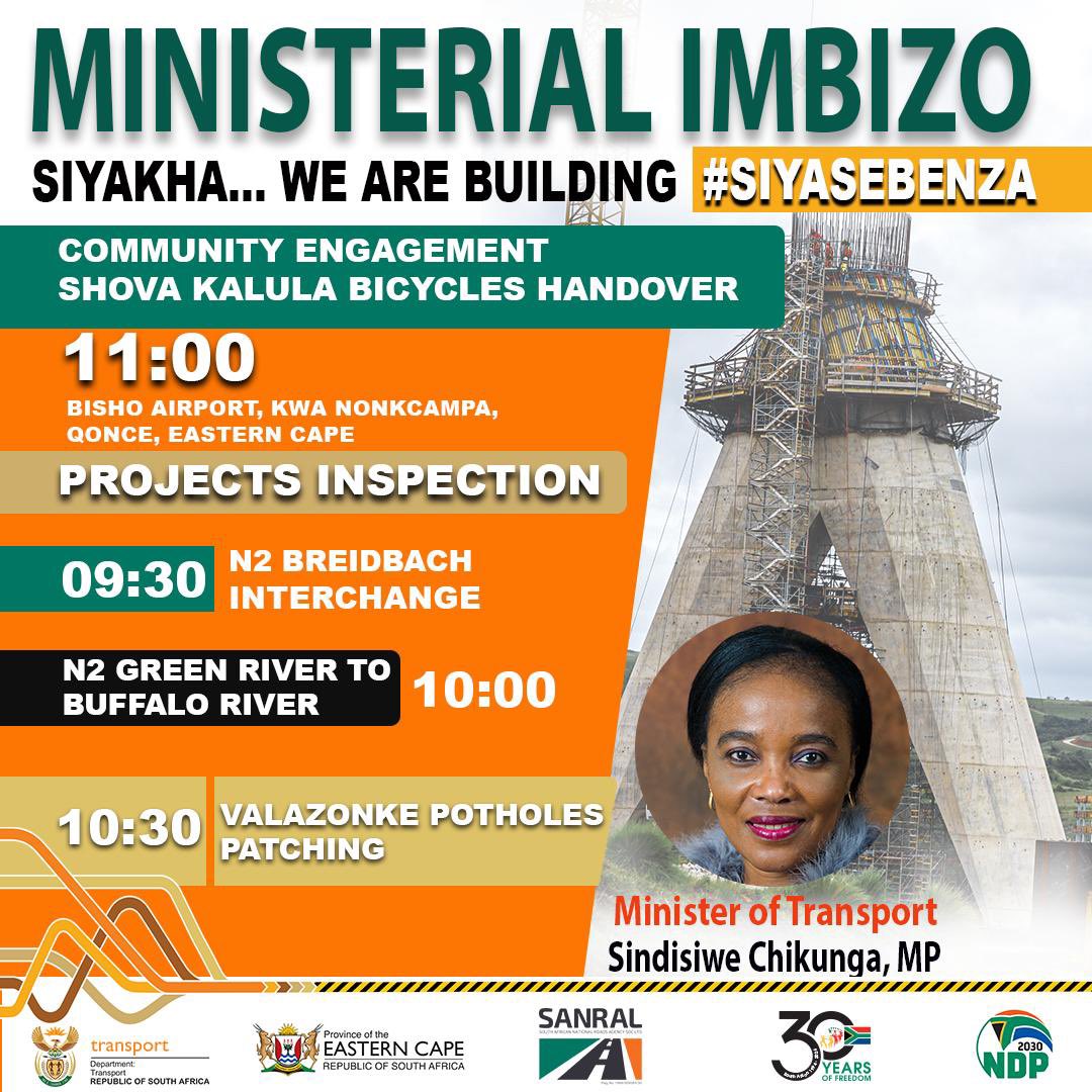 The Ministerial Imbizo is heading to Bisho at the Bulembu Airport, 26-04-2024. @SindiChikunga, Minister at the @Dotransport will be conducting a site inspection on the current projects in the region as well as a community engagement & handing over Shova Kalula Bicycles. #SANRAL