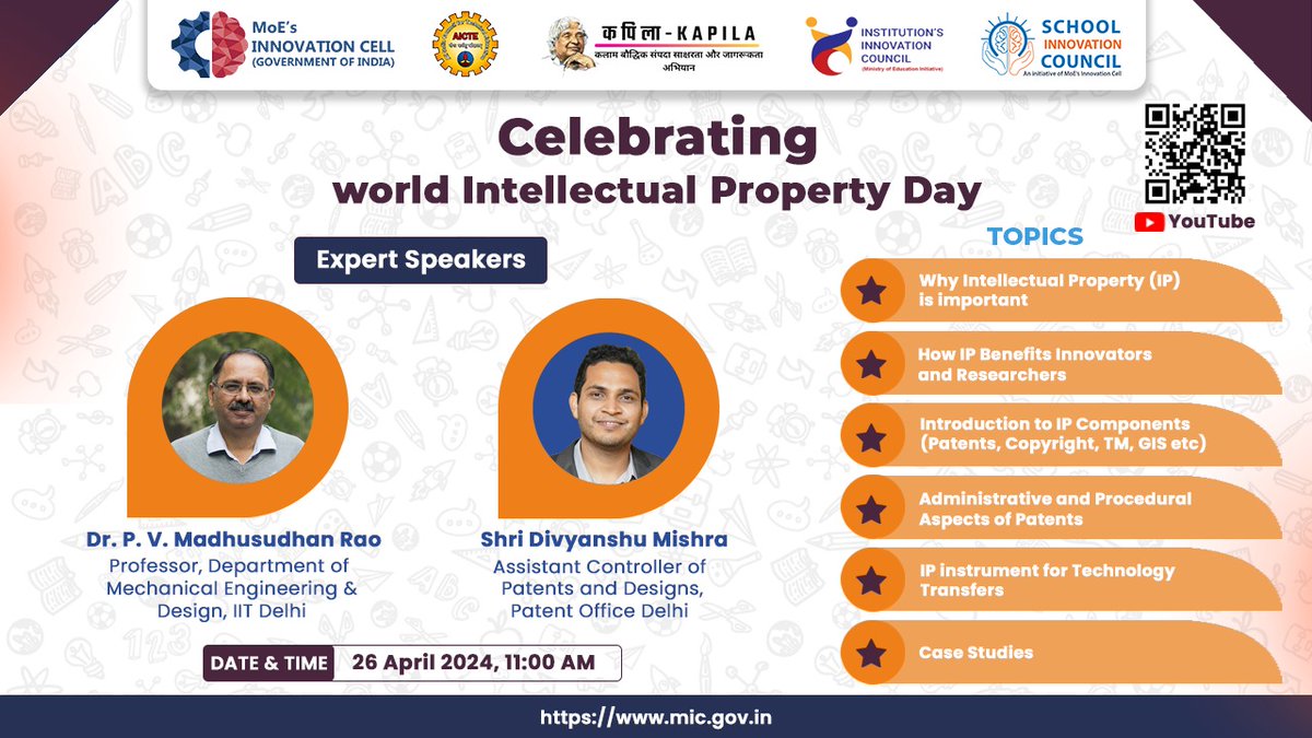 'Join us on World Intellectual Property Day for an insightful discussion covering the value of IP, its benefits to innovators and researchers, an overview of IP components, and much more.'
Don’t miss out on this opportunity!
@EduMinOfIndia @AICTE_INDIA