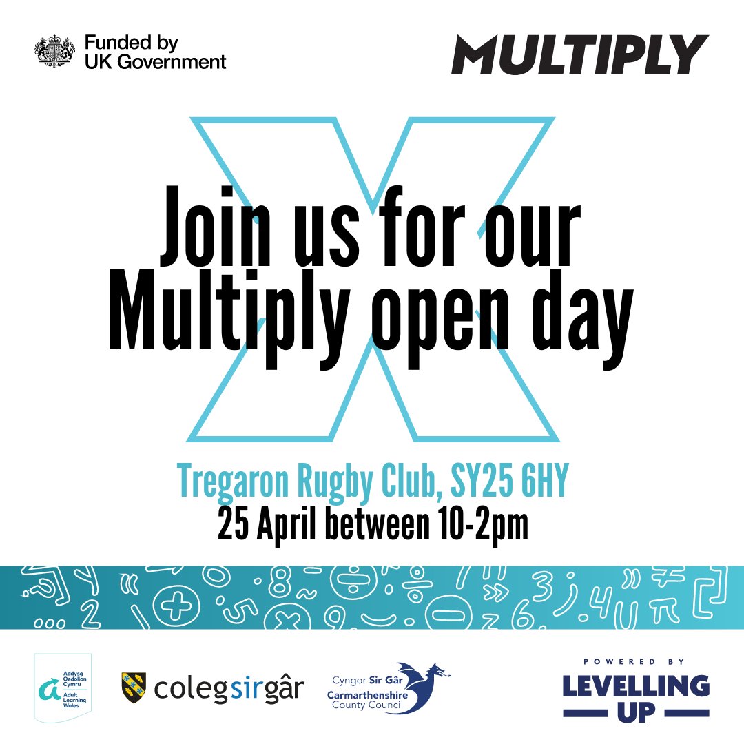 If you’re in #Tregaron today, stop by our #MultiplyCymru open day! 🧠

📍@Tregaronrfc, 10am-2pm 

Explore how boosting your maths skills can benefit you, learn about our numeracy courses and meet likeminded neighbours 😊