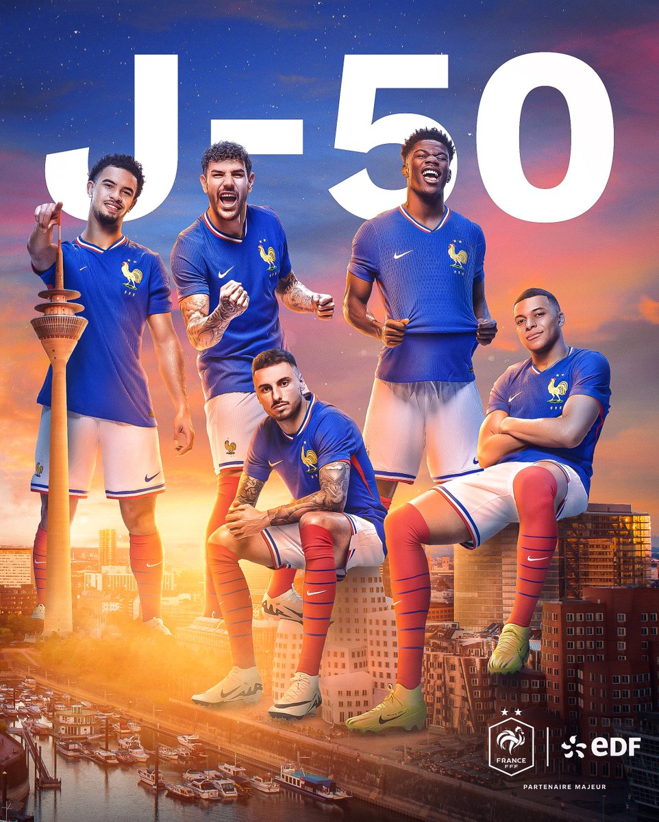 𝐉-𝟓𝟎 ✨🇫🇷
Plus que 50 jours avant le lancement du Championnat d'Europe 2024 en Allemagne 🥳 La compétition débutera à Düsseldorf pour nos Bleus 💪 #EnergieduFoot #DLDOct