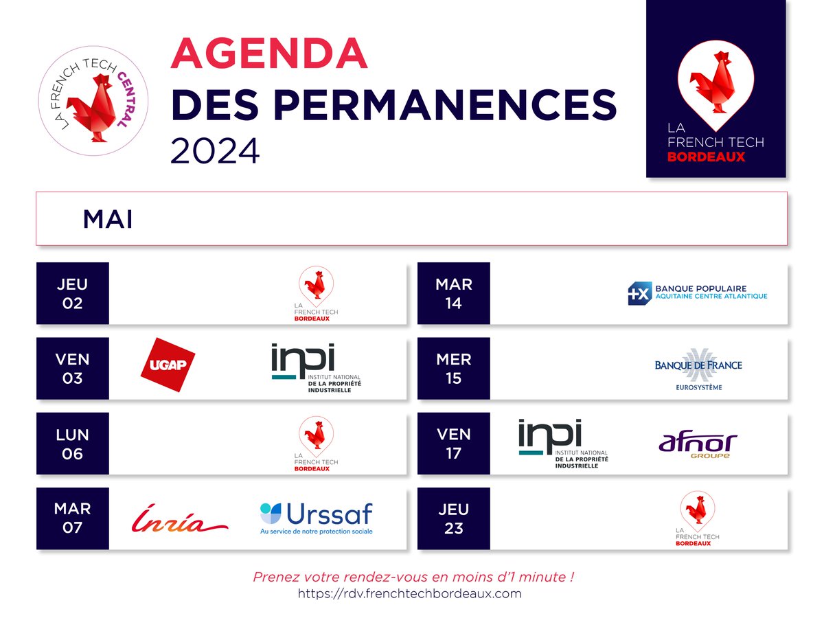 FrenchTechBdx's tweet photo. Profitez de vos RDV #FrenchTechCentral de mai ! 🚀
Bénéficiez de l'expertise de La #FrenchTech #Bordeaux, @ugap, @INPIFrance, @Inria, @urssaf, @BanquePopulaire, @banquedefrance et @AFNOR 🤝
Vos créneaux 👉 https://t.co/Yr2BsNTxz4 https://t.co/1o72FBe3Jy