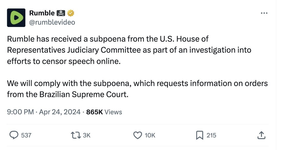 🚨🇧🇷🇺🇸RUMBLE SUBPOENAED IN U.S INVESTIGATION INTO BRAZILIAN CENSORSHIP “Rumble has received a subpoena from the U.S. House of Representatives Judiciary Committee as part of an investigation into efforts to censor speech online. We will comply with the subpoena, which requests