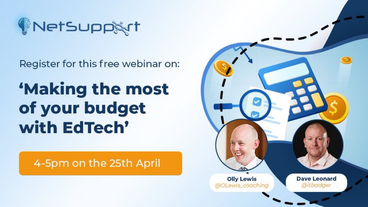 Today’s the day (4pm) for the next @NetSupportGroup webinar exploring ways to use #EdTech to help save money, with experts @itbadger and @Olewis_coaching. You can still join us: eventbrite.co.uk/e/making-the-m…