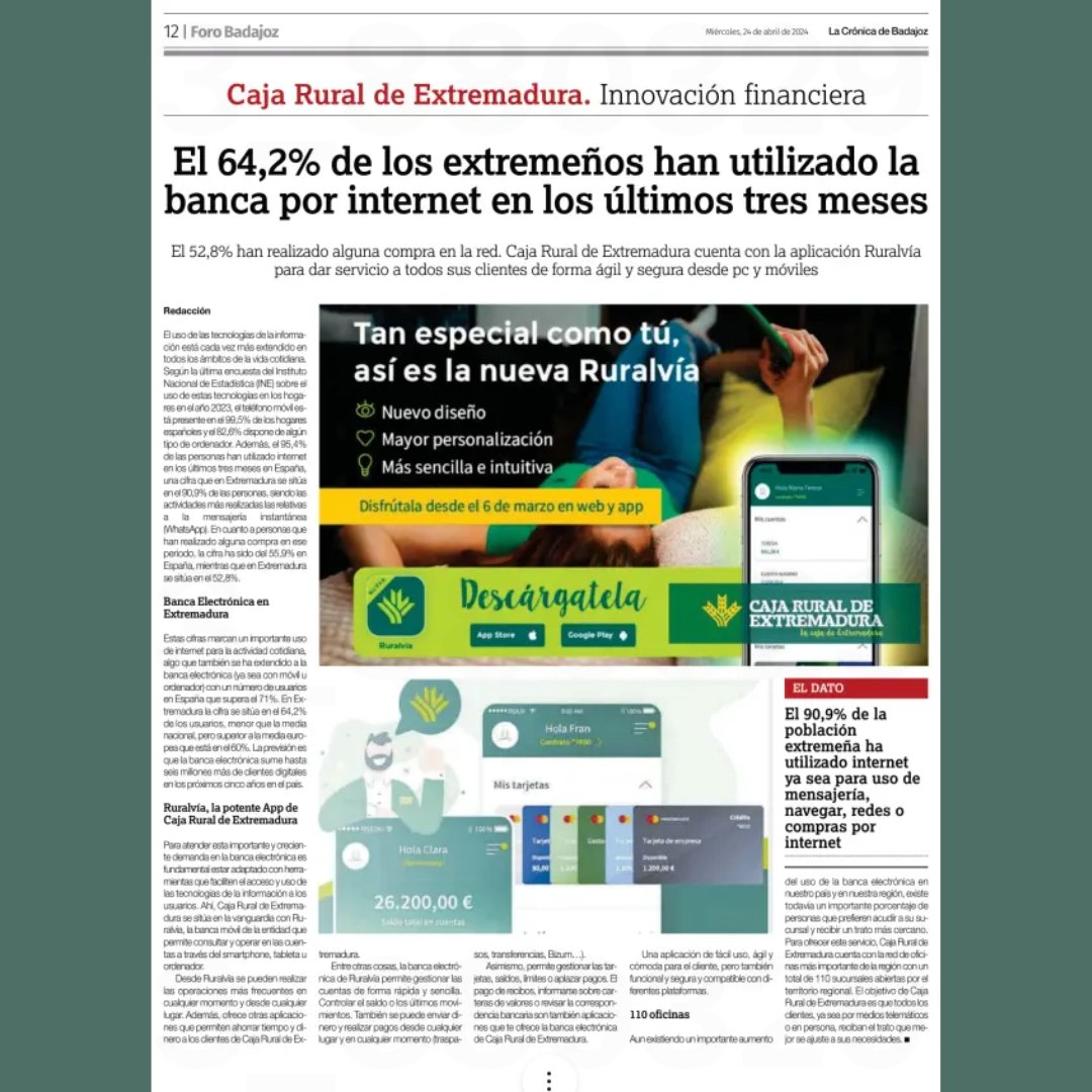 🌾Somos referente en innovación financiera 👉Nuestra aplicación Ruralvía da servicio de forma ágil y segura para pc y móviles 🗞️Lee el artículo completo de @crobadajoz: tinyurl.com/3pb3tjsn #LaCajaDeExtremadura #CajaRuralDeExtremadura