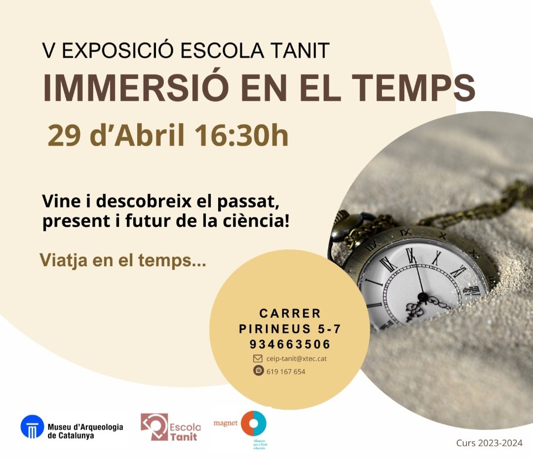 📣 V Exposició oberta a la Ciutat ‼️
Vols viatjar en el temps?
Vine a #Tanit i descobreix el passat, present i futur de la ciència!
Ens acompanyaran científics del Museu d'Arqueologia de Catalunya.
Us esperem el dia 29 d'abril de 16.30h a 19h.
