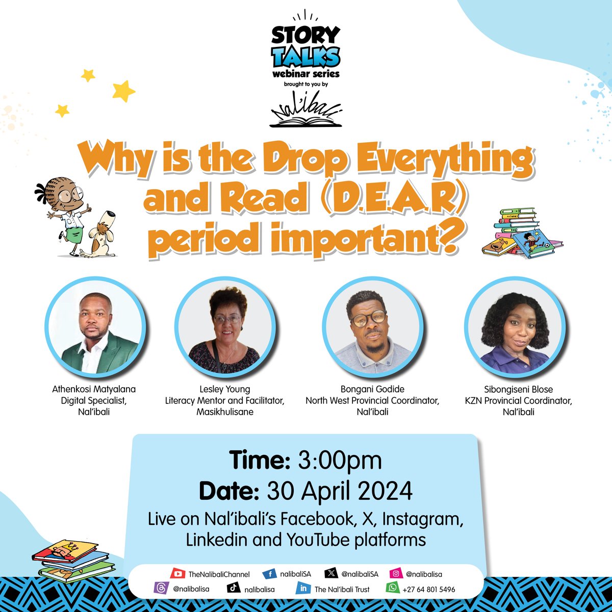 Join us as we discuss the importance and benefits of the Drop Everything and Read (D.E.A.R) period LIVE on Nal'ibali's Facebook, X, Instagram, Linkedin, and YouTube platforms at 3:00 pm on 30 April 2024!! For reading materials that you can use during the D.E.A.R period, download…