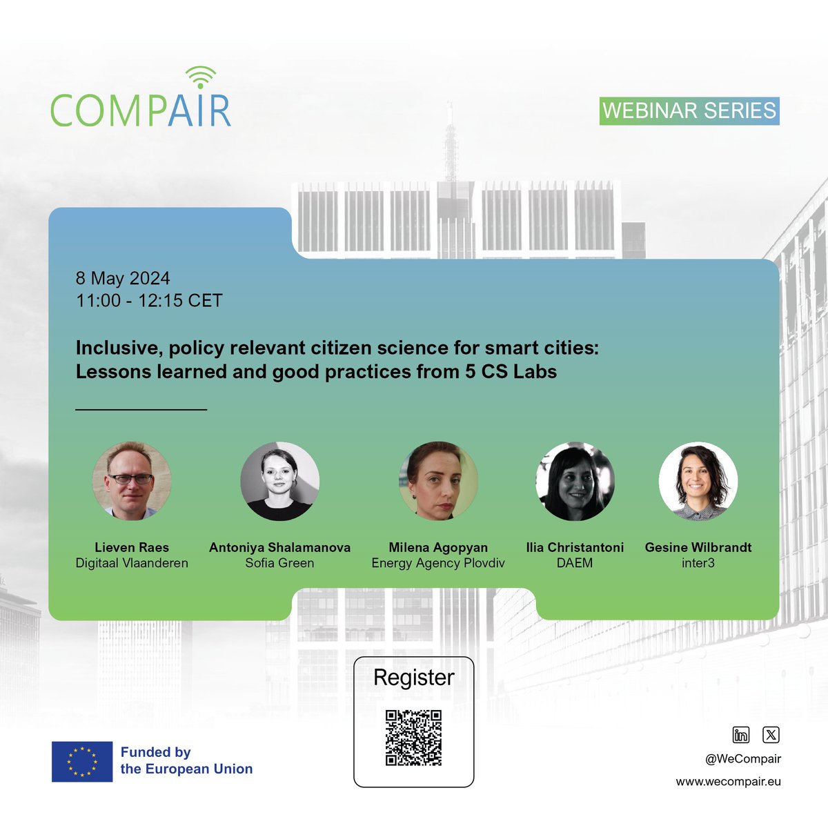 The webinar will spotlight local efforts in addressing air pollution, climate change and other urban challenges on the example of five CitSci Labs established in Athens, Berlin, Flanders, Plovdiv, Sofia. 🗓️ 8 May 🕚11:00 CET Register ⬇️ us02web.zoom.us/meeting/regist… #CitizenScience