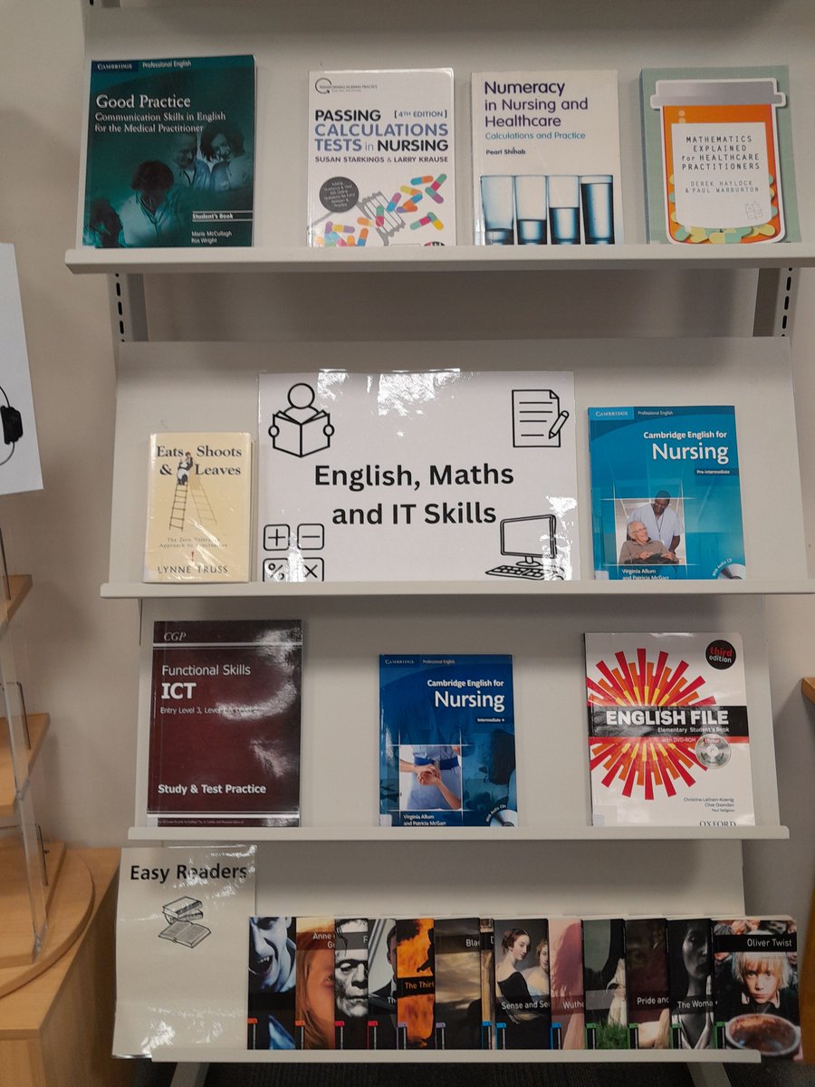 Our library space display is presently highlighting some great resources for English, Maths and IT skills 🤩 @NBTStaffExp @PandTNBT @NmskNbt @NSnahper @MedicineNbt @NBTWomenNetwork @NBT_QSIT @ResearchNBT @EducationNBT @NBTApprentices1