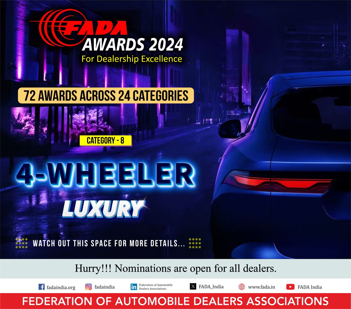 Rev your engines and rush in! 🏎️

The gates are open for nominations of the FADA Dealership Excellence Awards in the thrilling 4-Wheeler Luxury category! 

Submit your nominations now at: fada.in/event-details.… 

#FADA #ONOA #FADAAwards2024 #AutomobileExcellence #NominationsOpen