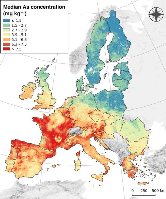 Globally 226 million people are exposed to Arsenic (As) contamination from drinking-water or food. in EU 🇪🇺 @EU_ScienceHub assess the As in topsoil and 98% of samples are less than 20 mg per kg. Just few hotspots due to fertilization and mining activities. sciencedirect.com/science/articl…