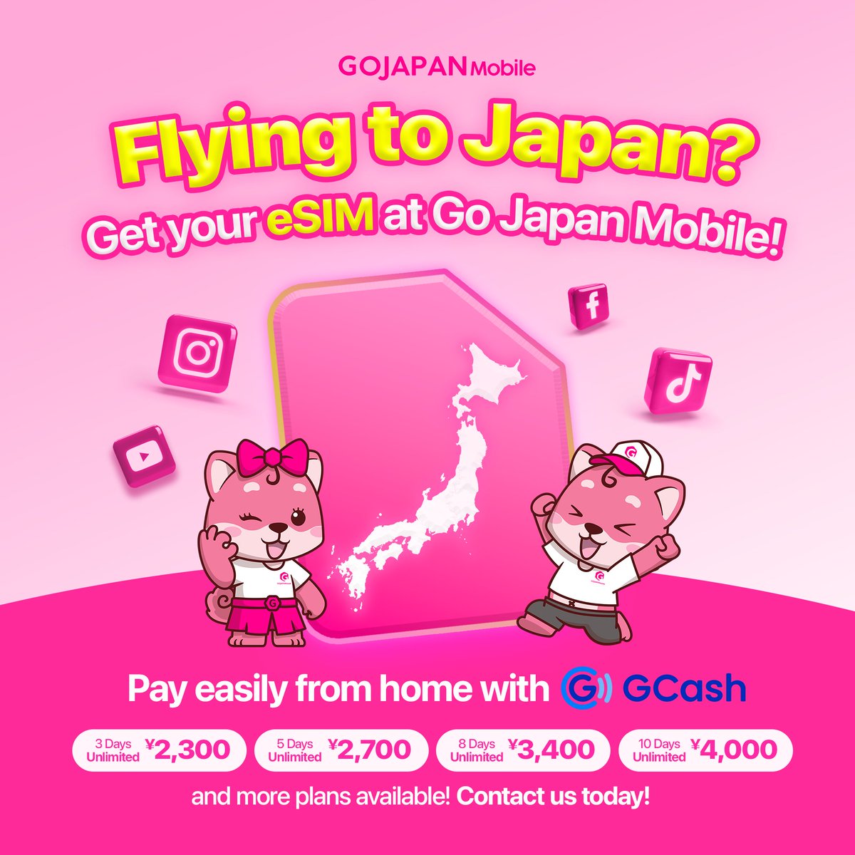 Flying to Japan soon? 📷📷
Get the most convenient Japan eSIM only at Go Japan Mobile!

With various plans available from 3 days to 1-Month options, from as low as ¥1,500! Pay online easily with GCash!

𝐆𝐨 𝐉𝐚𝐩𝐚𝐧 𝐂𝐨., 𝐋𝐭𝐝. 𝐌𝐚𝐧𝐚𝐠𝐞𝐦𝐞𝐧𝐭
#GoJapan #ConnecttheWorld