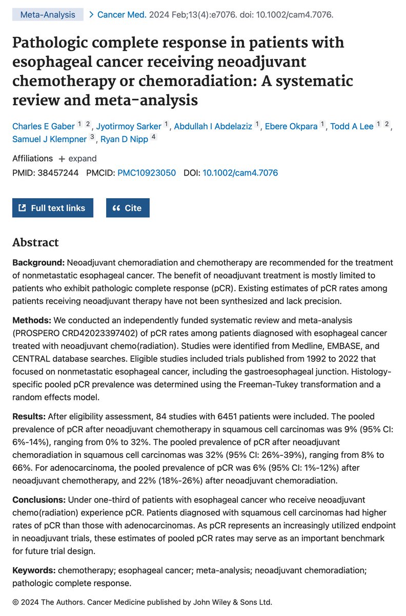 A meta-analysis shows that neoadjuvant chemoradiation and chemotherapy increase the chance of complete pathologic response in esophagus cancer, particularly in squamous cell carcinomas.  #CancerTreatment #EsophagealCancer #MedicalResearch