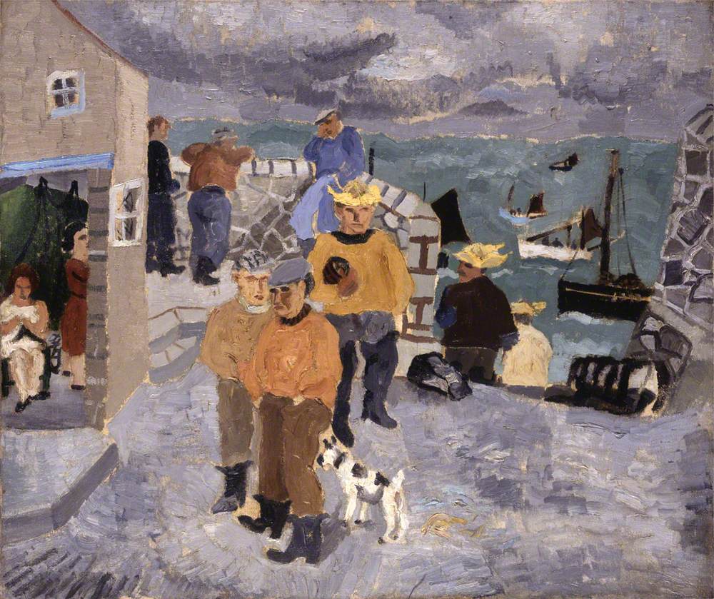 The theme for this week's #OnlineArtExchange is 'Industry' for @PotteriesMuseum exhibition 'Fresh Air For The Potteries: 150 Years of William Blake' 🏭

We've chosen 'Cornish Fishermen, the Quay, St Ives'
by Christopher Wood in the collection of @AbdnArtMuseums 🎣🚢