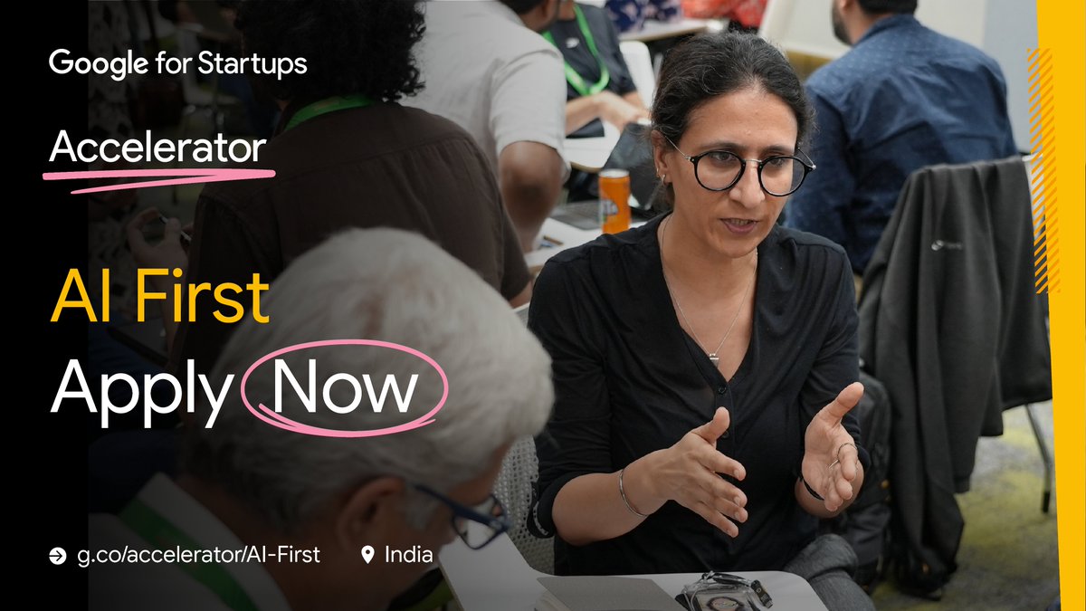 GoogleDevsIN's tweet image. Inviting AI-first startups from 🇮🇳 to apply for 2024 Class of @GoogleStartups Accelerator: AI First (India) program : goo.gle/3xSb4Je

Prepare for a startup metamorphosis - this Accelerator brings the best of Google to early-stage startups using #AI, #ML and #Cloud…