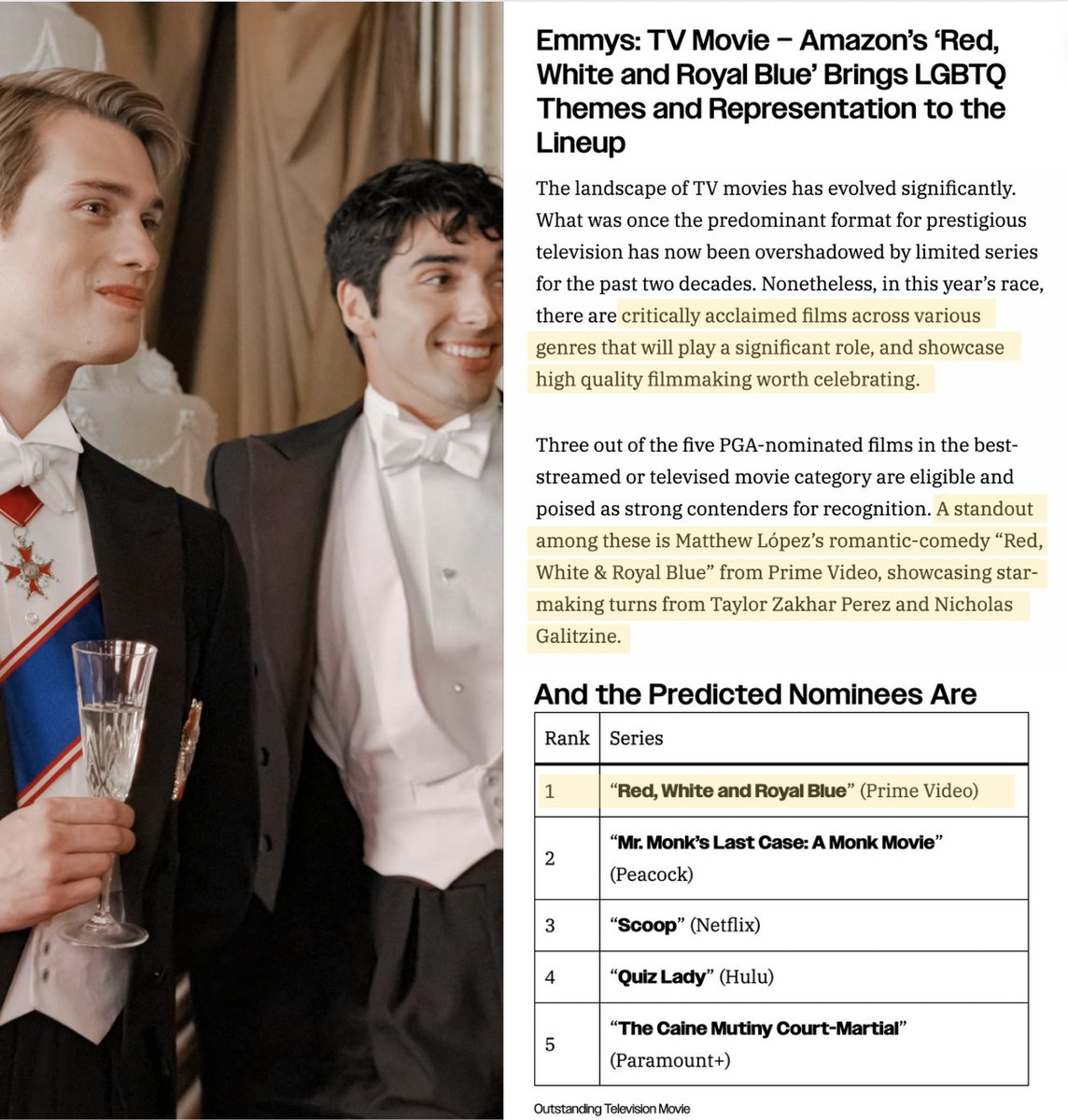 'Red, White, & Royal Blue' ranked #1 in the latest Emmys Nominee Predictions for 'Outstanding Television Movie'