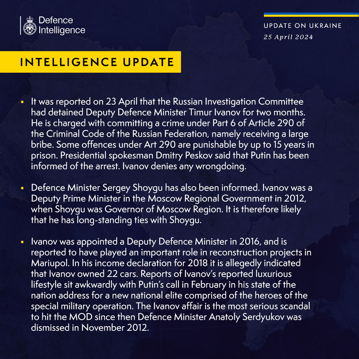 Latest Defence Intelligence update on the situation in Ukraine – 25 April 2024. Find out more about Defence Intelligence's use of language: gov.uk/government/new… #StandWithUkraine 🇺🇦