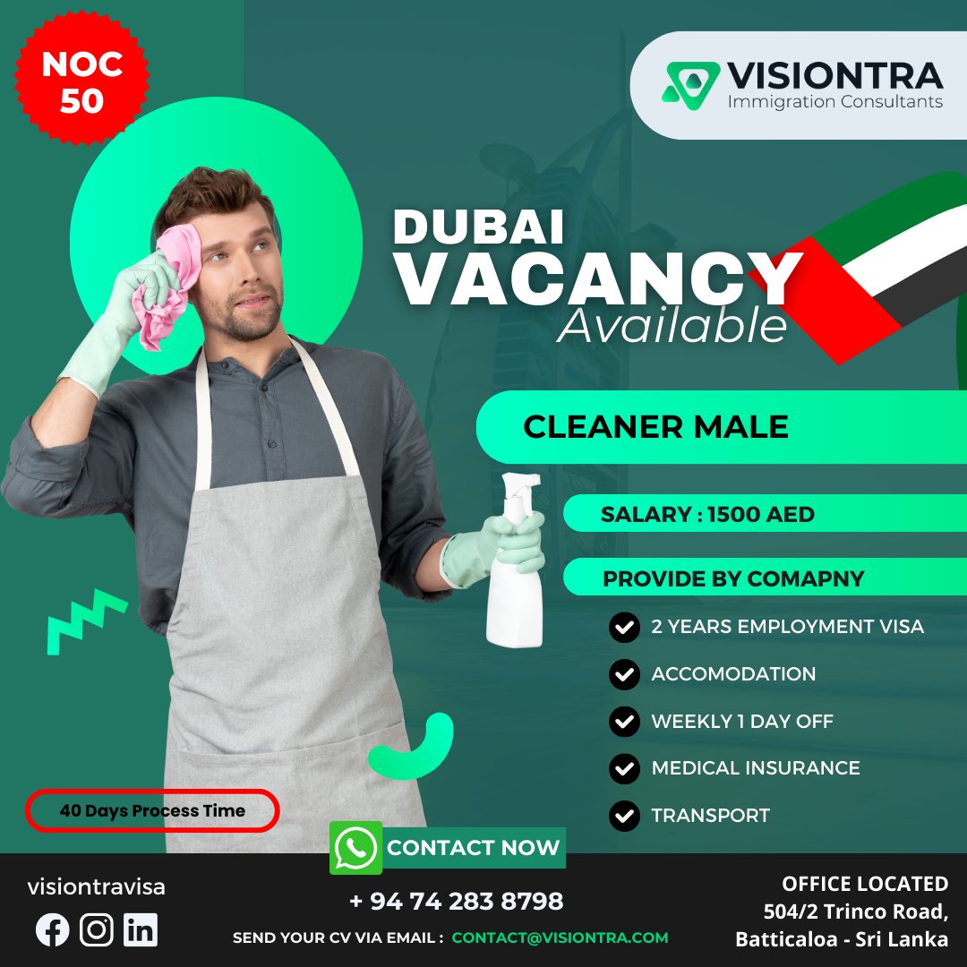 Dubai Cleaner Job 🇦🇪

#VisiontraImmigration #GlobalOpportunities #VisaMagic #europejobs #europejobsinsrilanka #Srilankavisaagency #Visaagencyinsrilanka #Visiontra #bestvisaagencyinsrilanka #bestrecruitmentagency #bestrecruitmentagencyinsrilanka
 #HungaryJobs #WorkAbroad